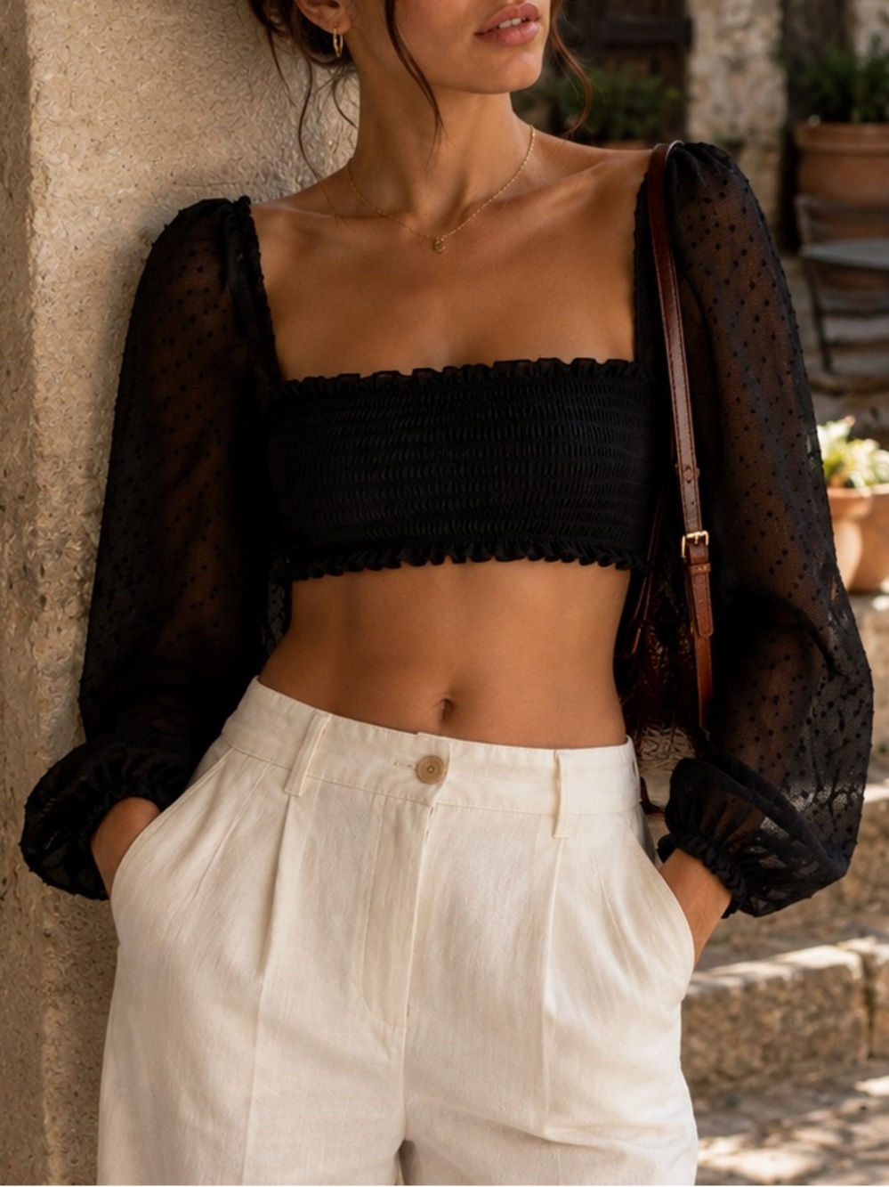 Square-Neck Crop Top with Sheer Puff Sleeves